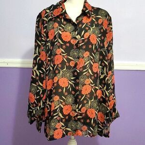 Studio C Vintage Black & Orange Floral Long Sleeve Button Down Casual Top 18/20